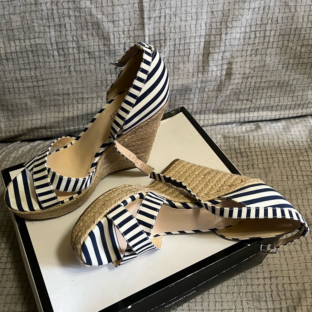 Nine West Navy & White Striped Espadrille Wedges with Ankle Straps | NWOT